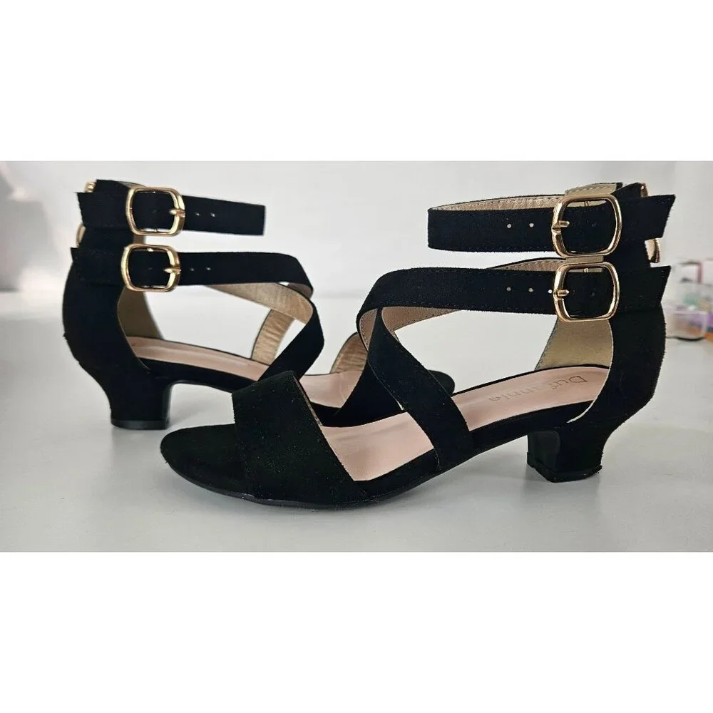 Girls Sz 13 Little Kid Black High Heel Sandals Cross Strap Wedding Party Church